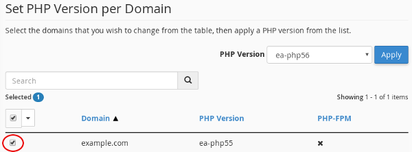 cPanel - MultiPHP Manager - Select domain
