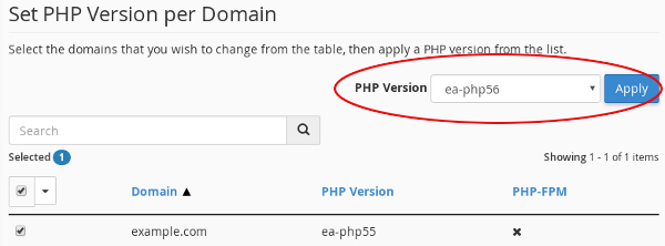 cPanel - MultiPHP Manager - Select version