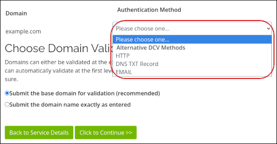Customer Portal - SSL Certificate - Select Authentication Method